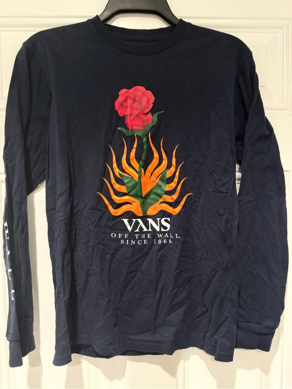 Vans Navy Long-Sleeve Tee with Red Rose and Orange Flame Graphic